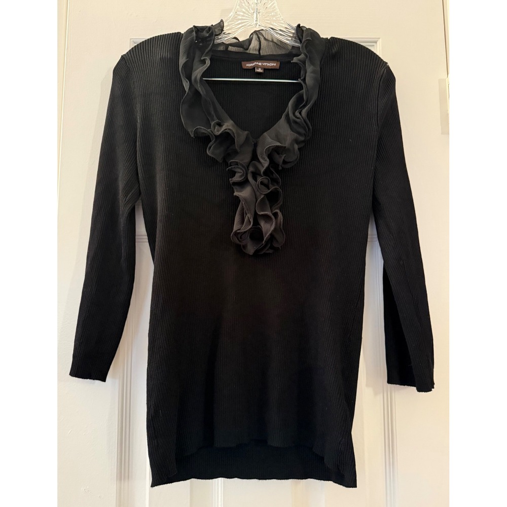 Adrienne Vittadini Black Ribbed Ruffle V-Neck 3/4 Sleeve Sweater Womens Medium